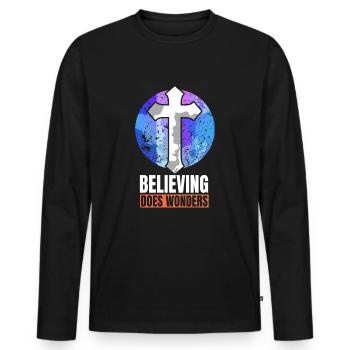 Believing Does Wonders Proudly Believer Quote - Men's Premium Organic Long Sleeve Shirt - black - Front - Nico (187cm)