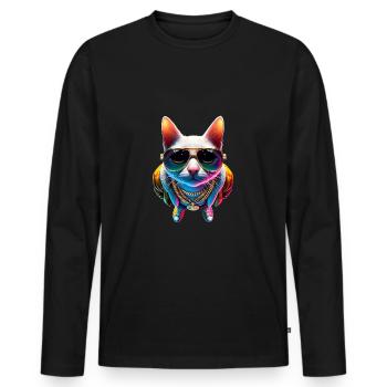 Cool hip-hop cat with sunglasses and gold chain - Men's Premium Organic Long Sleeve Shirt - black - Front - Nico (187cm)