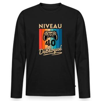 Cadeau 40 ans Anniversaire Gamer Niveau 40 Humour - T-shirt manches longues Premium bio Homme - noir - Devant - Nico (187cm)
