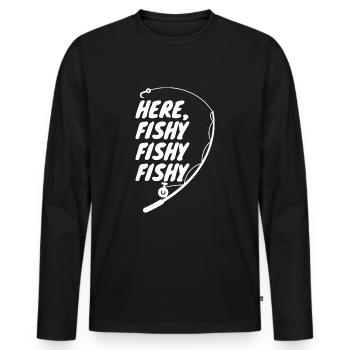 Here Fishy Fishy Funny Fishing - Men's Premium Organic Long Sleeve Shirt - black - Front - Nico (187cm)