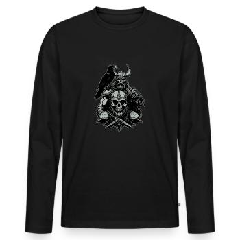 Wikinger mit Schwert und Rabe auf Schädel - Männer Premium Bio Langarmshirt - Schwarz - Vorne - Nico (187cm)