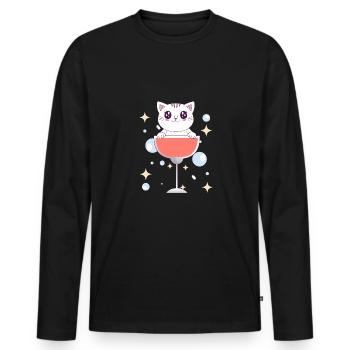 Chat mignon en motif verre à vin - idée cadeau - T-shirt manches longues Premium bio Homme - noir - Devant - Nico (187cm)