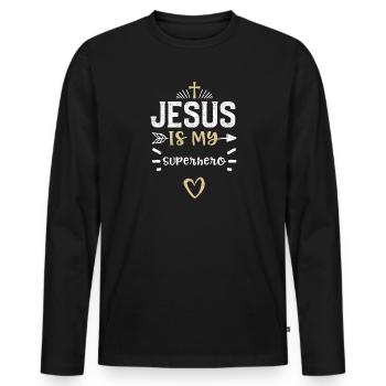 Jésus est mon super-héros - Jésus - T-shirt manches longues Premium bio Homme - noir - Devant - Nico (187cm)