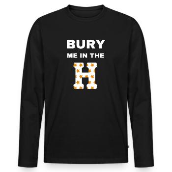 bury me in the H Houston 43 with blue text - Men's Premium Organic Long Sleeve Shirt - black - Front - Nico (187cm)