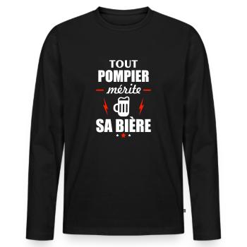 Tout pompier mérite sa bière, idée cadeau pompier - T-shirt manches longues Premium bio Homme - noir - Devant - Nico (187cm)