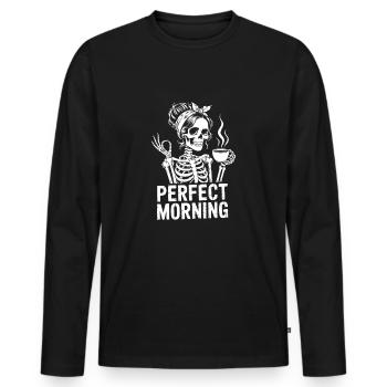 Perfekter Morgen mit Kaffee Skelett mit Kaffeepot - Männer Premium Bio Langarmshirt - Schwarz - Vorne - Nico (187cm)