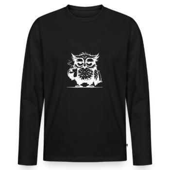 Funny Tired Comic Owl with Coffee Deficit - Men's Premium Organic Long Sleeve Shirt - black - Front - Nico (187cm)