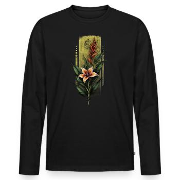 Tropische Eleganz: Fusion von Hibiskus und Heliconia - Männer Premium Bio Langarmshirt - Schwarz - Vorne - Nico (187cm)