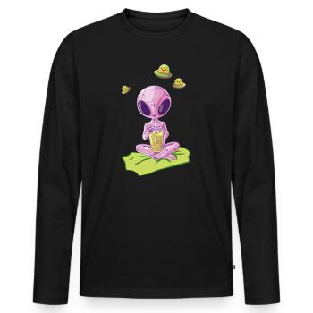 Purple Alien Drinking on Green Carpet - Men's Premium Organic Long Sleeve Shirt - black - Front - Nico (187cm)