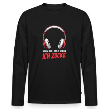 Je ne t’entends pas - Je joue - T-shirt manches longues Premium bio Homme - noir - Devant - Nico (187cm)