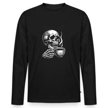 Skull mit Kaffeebecher Kaffee - Männer Premium Bio Langarmshirt - Schwarz - Vorne - Nico (187cm)