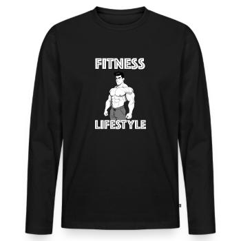 Fitness Lifestyle | Muskeln, Cartoon, Protein - Männer Premium Bio Langarmshirt - Schwarz - Vorne - Nico (187cm)