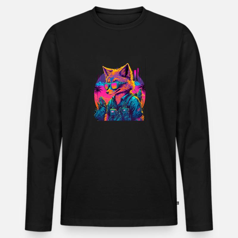 Retro Futuristic Synthwave Fox - Männer Premium Bio Langarmshirt - Schwarz