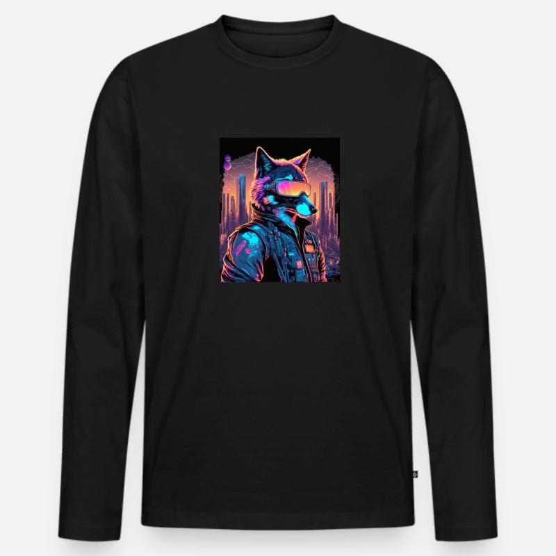 Retro Futuristic Synthwave Fox - Männer Premium Bio Langarmshirt - Schwarz