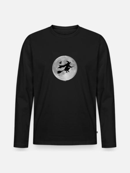 Hexe mit Rabe vor Vollmond - Männer Premium Bio Langarmshirt - Schwarz