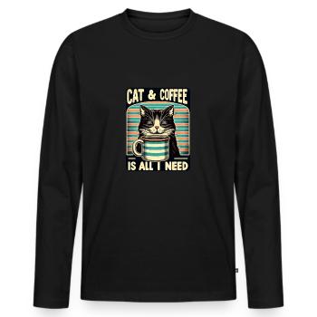 Katze und Kaffee ist alles was ich brauche - Männer Premium Bio Langarmshirt - Schwarz - Vorne - Nico (187cm)