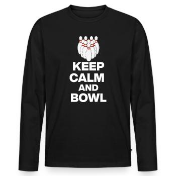 KEEP CALM AND BOWL, STRIKE MEISTER! PIN SNIPER - Männer Premium Bio Langarmshirt - Schwarz - Vorne - Nico (187cm)
