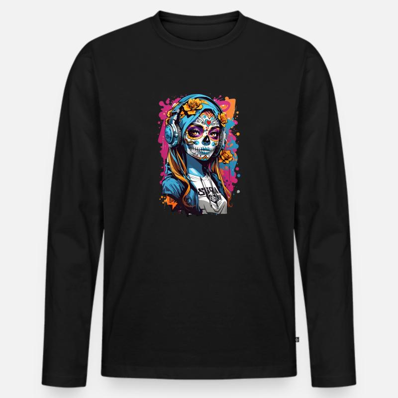 Totenkopfmädchen mit Kopfhörern - Männer Premium Bio Langarmshirt - Schwarz