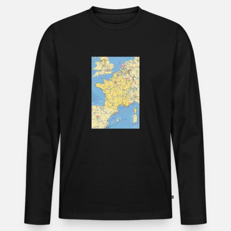 Frankrig kort med byer, veje, floder, søer - Premium økologisk langærmet T-shirt til mænd - sort