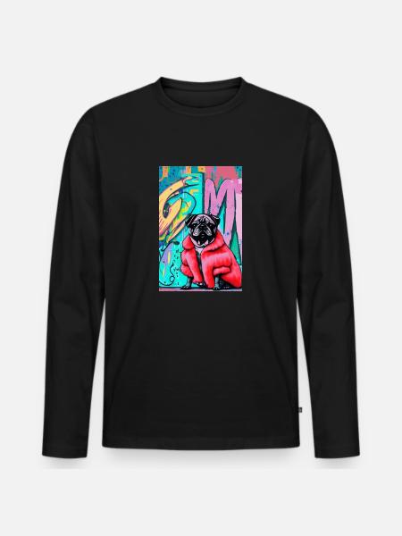 Popkunst | Sød mops i rød pels - Premium økologisk langærmet T-shirt til mænd - sort