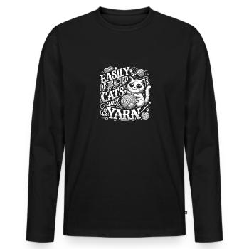 Leicht ablenkbar durch Katzen und Garn - Männer Premium Bio Langarmshirt - Schwarz - Vorne - Nico (187cm)