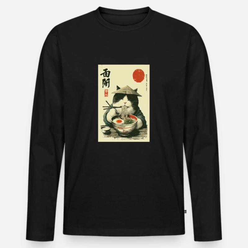 Samurai-Katze genießt Ramen - Männer Premium Bio Langarmshirt - Schwarz