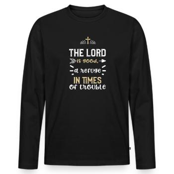 The Lord is good, a refuge in ti... - Men's Premium Organic Long Sleeve Shirt - black - Front - Nico (187cm)