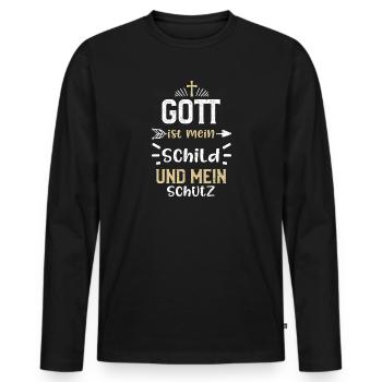 Gott ist mein Schild und mein Sc... - Männer Premium Bio Langarmshirt - Schwarz - Vorne - Nico (187cm)