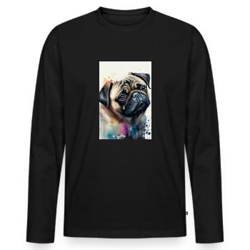 Carlin Carlin Pug Chien Aquarelle Chien - T-shirt manches longues Premium bio Homme - noir - Devant - Nico (187cm)