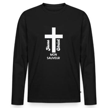 Jésus christ mon sauveur - T-shirt manches longues Premium bio Homme - noir - Devant - Nico (187cm)