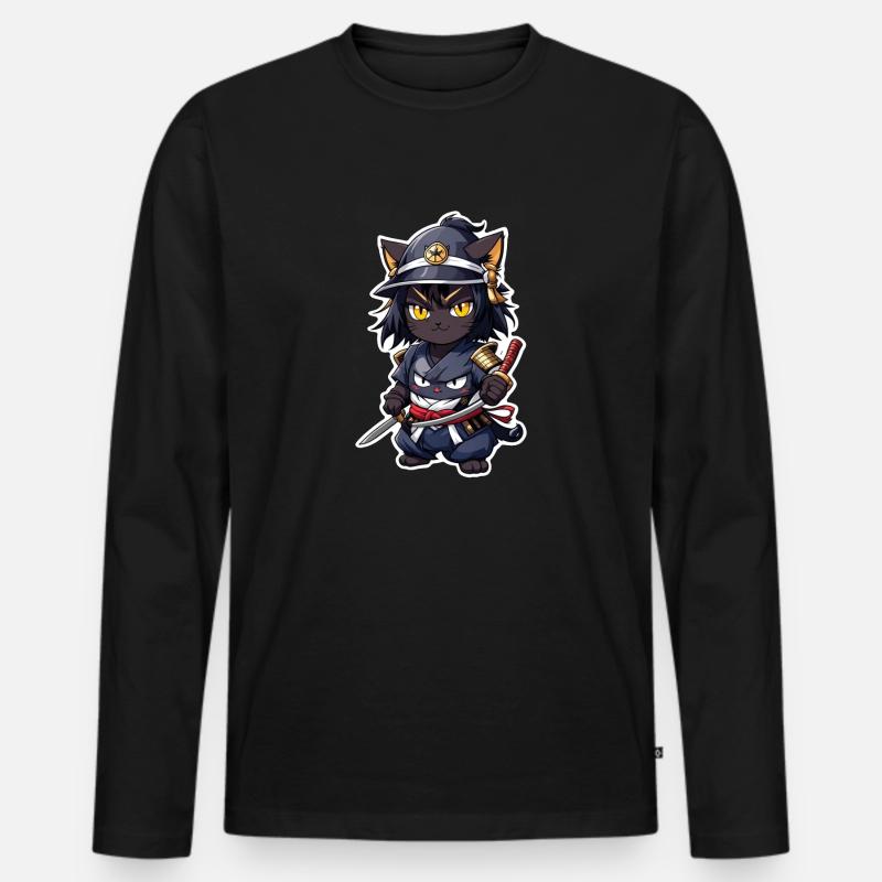 Ninja Katze - Samurai Kätzchen - Männer Premium Bio Langarmshirt - Schwarz