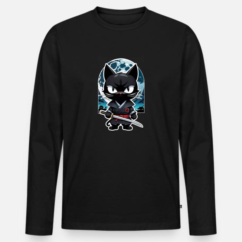 Ninja Katze - Samurai Kätzchen - Männer Premium Bio Langarmshirt - Schwarz