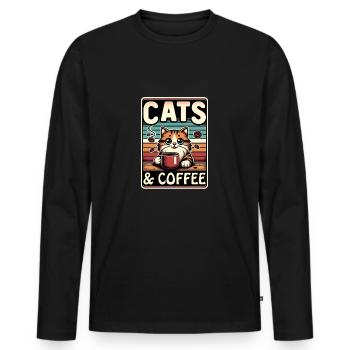 Chats et café dans un style vintage - T-shirt manches longues Premium bio Homme - noir - Devant - Nico (187cm)