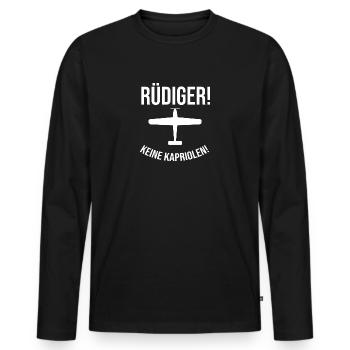Rüdiger keine Kapriolen, nicht so tief! - Männer Premium Bio Langarmshirt - Schwarz - Vorne - Nico (187cm)