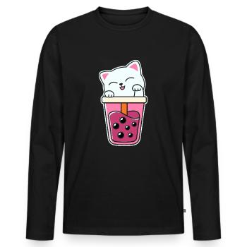 Süße Katze Kätzchen trinkt Boba Tea Bubble Tea - Männer Premium Bio Langarmshirt - Schwarz - Vorne - Nico (187cm)