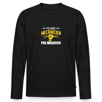 Y'a écrit mécanicien pas magicien - T-shirt manches longues Premium bio Homme - noir - Devant - Nico (187cm)