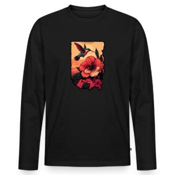 Hummingbird flies over hibiscus flower Tropical Sun - Men's Premium Organic Long Sleeve Shirt - black - Front - Nico (187cm)