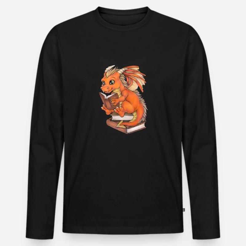 Niedlicher Lesender Drache Fantasy Geschenkidee - Männer Premium Bio Langarmshirt - Schwarz