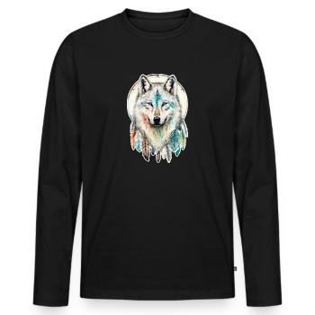 Wolf Watercolor Feathers Indian Wildlife Mandala - Men's Premium Organic Long Sleeve Shirt - black - Front - Nico (187cm)