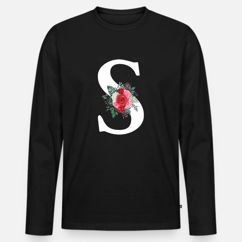 Roter Blumenbuchstabe S - Männer Premium Bio Langarmshirt - Schwarz