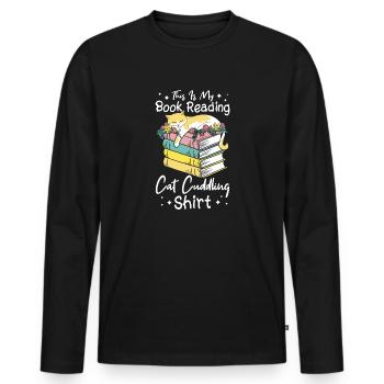 Katze Buchliebhaber Bücher Lesen - Männer Premium Bio Langarmshirt - Schwarz - Vorne - Nico (187cm)