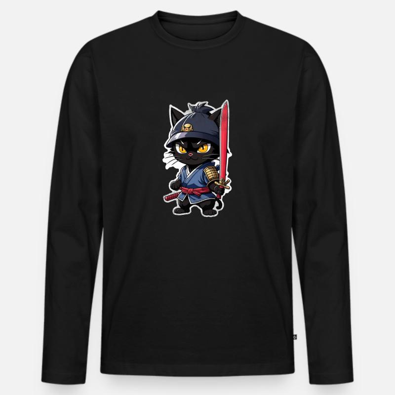 Ninja Katze - Samurai Kätzchen - Männer Premium Bio Langarmshirt - Schwarz
