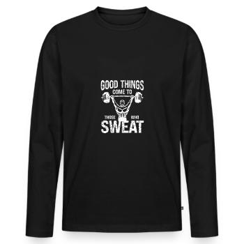 Wer schwitzt, dem wird Gutes zuteil - - Männer Premium Bio Langarmshirt - Schwarz - Vorne - Nico (187cm)
