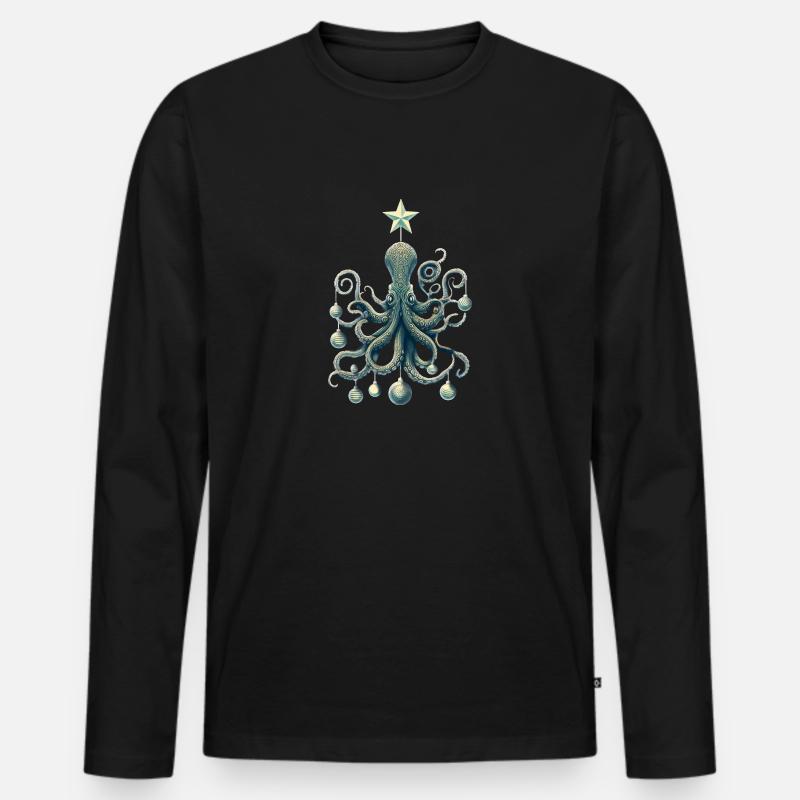 Weihnachts Oktopus mit Baumschmuck - Männer Premium Bio Langarmshirt - Schwarz
