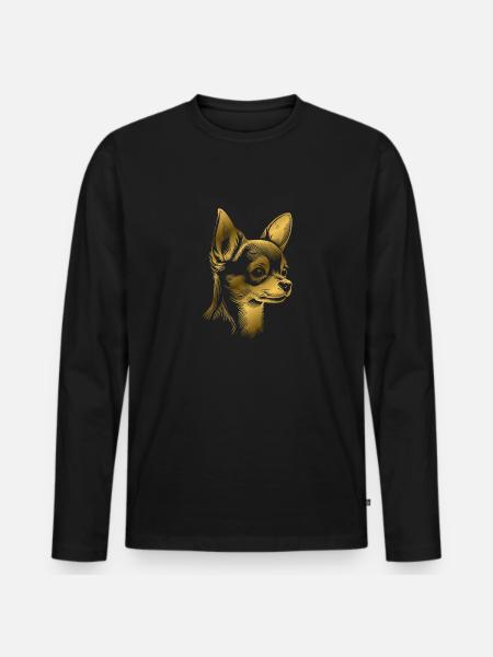 Chihuahua, korthår, hundehoved, tegning af guld - Premium økologisk langærmet T-shirt til mænd - sort