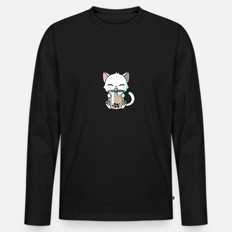 cat drinking bubble tea - Männer Premium Bio Langarmshirt - Schwarz
