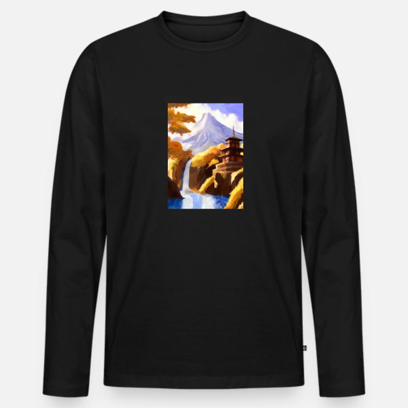 Japan Tower Wasserfall Gemälde - Männer Premium Bio Langarmshirt - Schwarz