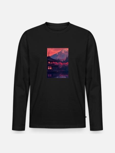 Roter japanischer Berg - Männer Premium Bio Langarmshirt - Schwarz