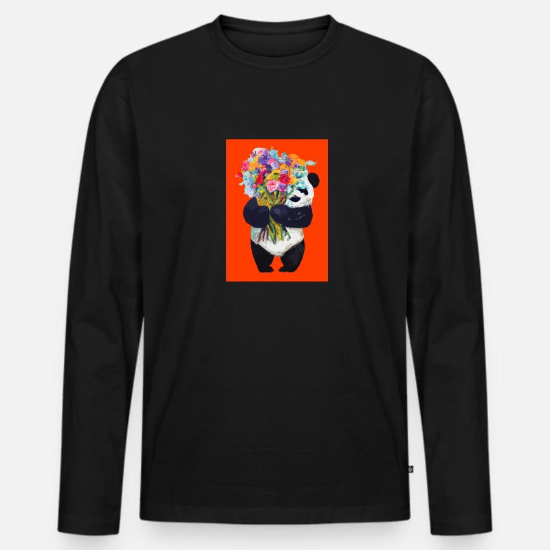 Panda mit Blumenstrauß - Männer Premium Bio Langarmshirt - Schwarz