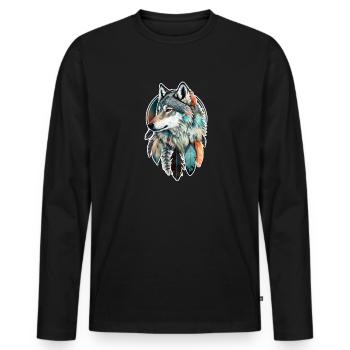 Wolf Aquarell Federn Indianer Wildtier Mandala - Männer Premium Bio Langarmshirt - Schwarz - Vorne - Nico (187cm)